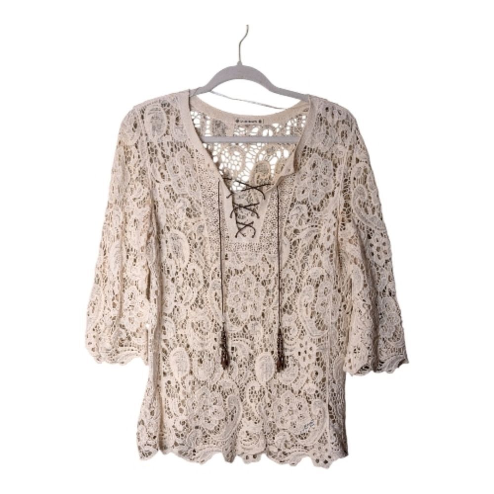 Ruff Hewn Bohemian Ivory Floral Lace Crochet Top with Cord Ties size P Medium - Picture 8 of 8